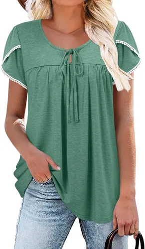Vista 34 de BETTE BOUTIK Blusas de verano para mujer, plisadas, de manga corta, con cordón, cuello redondo, tallas S-3XL