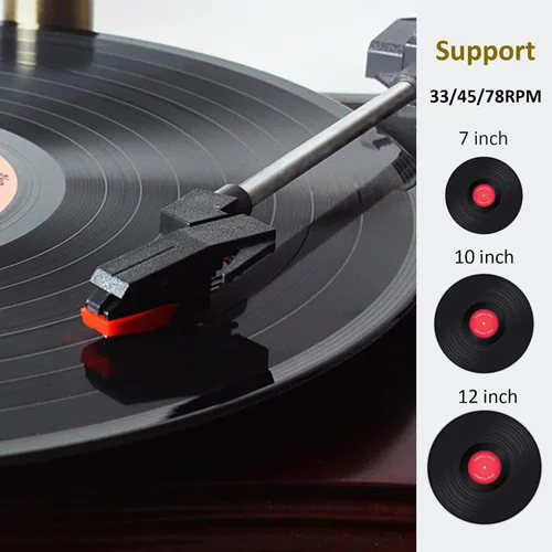 Vista 6 de Tocadiscos vintage de madera para gramófono, tocadiscos de fonógrafo retro, tocadiscos de 3 velocidades para discos de vinilo con reproducción