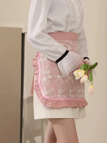 Vista 2 de Delantales de chef unisex blanco retro algodón criada corto 2 bolsillos cintura camarera mitad delantal