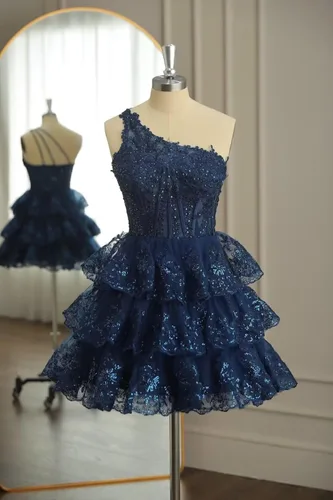 Vista 2 de One Shoulder Short Homecoming Dresses for Teens Sequin Sparkly Prom Dresses Tiered Lace Cocktail Dresses