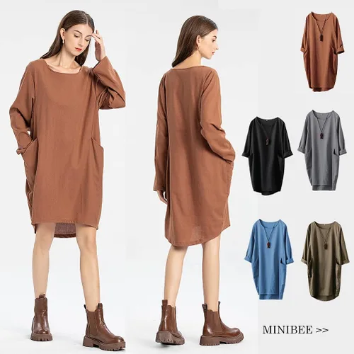 Vista 3 de Minibee Vestido tipo túnica de gran tamaño para mujer, de manga larga, holgada, con bolsillos