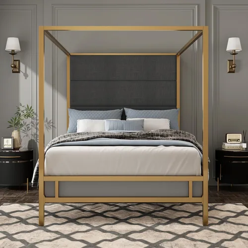 Vista 7 de Cama de Plataforma con Dosel de 4 Postes de Lujo Moderna Tamaño Queen con Cabecera Alta Tapizada en Terciopelo, Marco de Cama de Plataforma