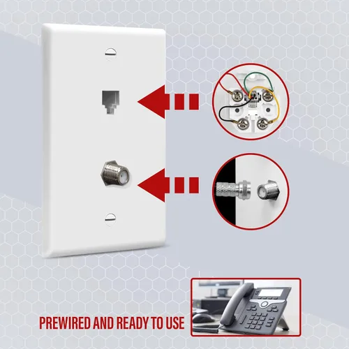 Vista 3 de Conector de tipo F para teléfono y CATV, más conectores hembra RJ11 con placas para pared, Blanco, 1