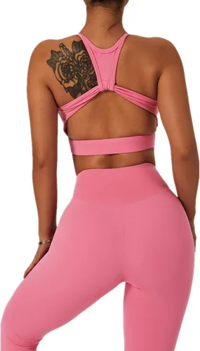 Vista 2 de ABOCIW Conjuntos de entrenamiento para mujer, 2 piezas, cintura cruzada, leggings de cintura alta, tirantes deportivos, para ejercicio, gimnasio