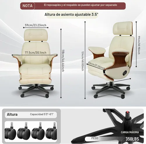 Vista 2 de Silla de oficina ergonómica de cuero, reclinable/reposapiés Blanco