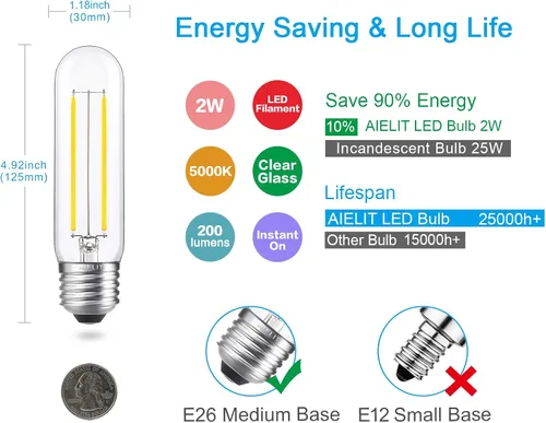Vista 3 de Bombilla tubular LED E26 equivalente a 25 W, blanco brillante 5000 K, 200 lúmenes, 2 W luz diurna regulable, bombillas de filamento LED Edison