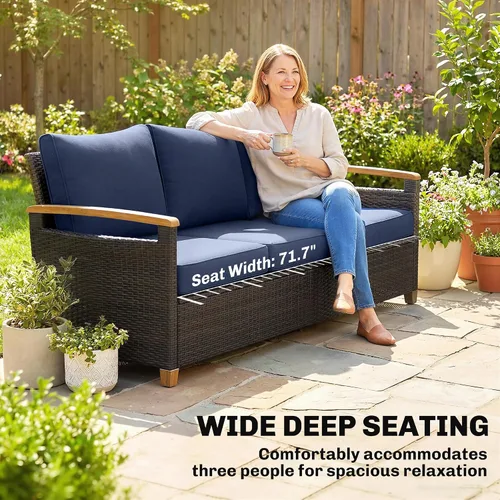 Vista 12 de Outsunny Sofá de 3 plazas para exteriores, sofá de mimbre PE para patio con asientos profundos amplios, cojines de espuma de 4 pulgadas Beige