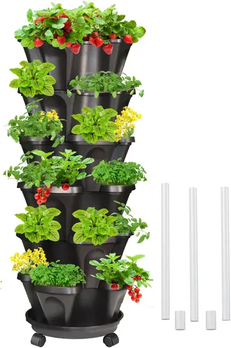 Vista 17 de Macetas verticales de fresa, paquete de 2 unidades, torre apilable de 5 niveles con poste de soporte, macetas apilables para hierbas y verduras