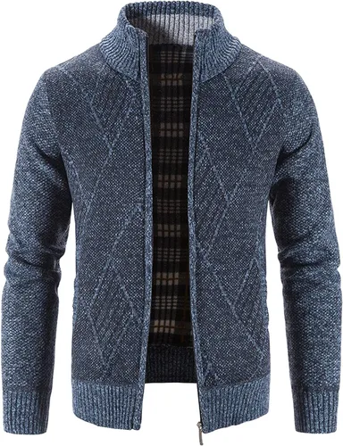 Vista 3 de Chaqueta de franela para hombre, con costuras de color, cuello alto, cremallera, manga larga, bolsillo, cálido, abrigo de punto ligero, trabajo