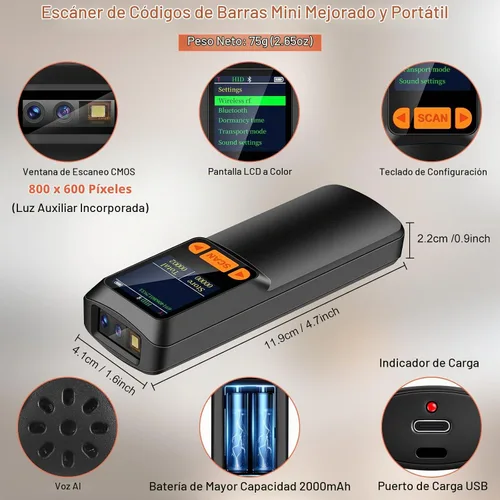 Vista 3 de Mini escáner de código de barras KUIIYER, lector de código de barras inalámbrico Bluetooth QR 1D 2D