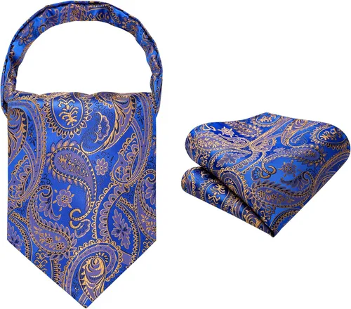 Vista 9 de HISDERN Corbatas Ascot para hombre, set de corbata y pañuelo de bolsillo Paisley con estampado floral clásico, corbata autoajustable para hombre
