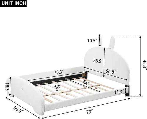Vista 2 de Cama de plataforma tapizada de tamaño completo con cabecero en forma de orejas de dibujos animados, para muebles de dormitorio de niños