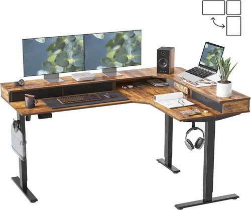 Vista 10 de CubiCubi Escritorio de pie en forma de L de 63 x 48 pulgadas con 3 cajones y estante para monitor, escritorio esquinero de altura ajustable con Negro