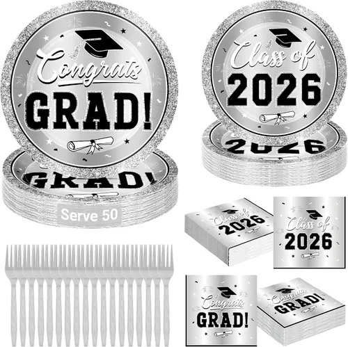 Vista 9 de QZYL 200 suministros para fiesta de graduación 2026, platos y servilletas de graduación negros y dorados, platos de postre desechables y tenedores