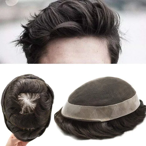 Vista 5 de Peluca de encaje francés superfina para hombres, postizos de encaje con sistemas de poliuretano, piel fina en todo el contorno del cabello humano
