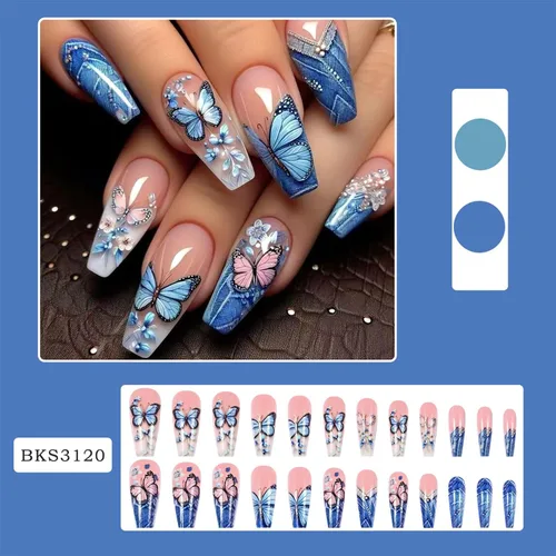 Vista 5 de Uñas postizas largas a presión con diseño de mariposa azul y rosa, punta francesa azul, uñas a presión, acrílico rosa, cobertura completa, pegamento