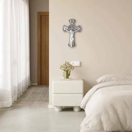 Vista 7 de Taprion Crucifijo de pared - Arte de pared de resina de San Benito - Cruz dorada de 10 pulgadas da bendición y lo sagrado espiritual: regalo de fe