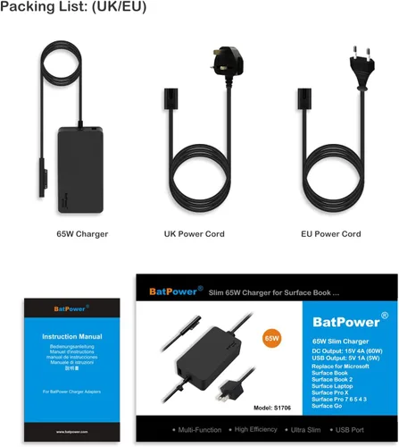 Vista 6 de Cargador de superficie de 15 V 4A de 65 W compatible con Microsoft Surface Book Laptop Surface Pro X 7 6 5 4 3 Go Tablet 1706 Fuente de alimentación