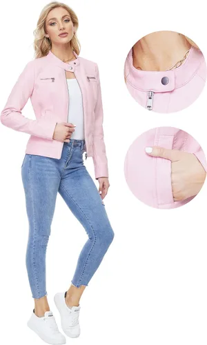 Vista 6 de Fahsyee Chaquetas de cuero con cremallera para mujer, abrigo de motociclista de poliuretano sintético