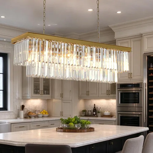 Vista 12 de Lámpara de Araña Moderna de Cristal K9, Luminaria Colgante de Techo Rectangular con 8 Luces para Comedor y Cocina, Acabado en Cromo, L33.5 Pulgadas