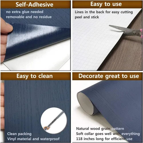 Vista 6 de Papel de contacto autoadhesivo de madera azul oscuro, 19.6 x 118 pulgadas, película autoadhesiva decorativa para muebles, papel tapiz autoadhesivo