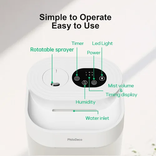 Vista 5 de PHILODECO Humidificador de niebla fría de 4.5L para dormitorio, habitación del bebé y plantas – Ultrasónico, silencioso, con difusor de aroma, luz
