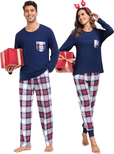 Vista 2 de SWOMOG Pijamas de Navidad para adultos, pantalones de pijama a cuadros con bolsillos, camisetas de manga larga para parejas y familia