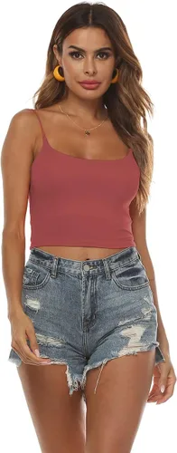Vista 43 de Amilia - Camiseta básica de tirantes delgados para mujer (doble capa)
