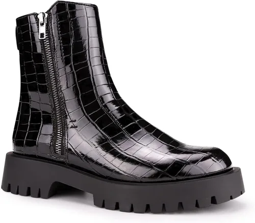Vista 2 de ISOMEI Botines negros de cocodrilo para mujer botas de combate con cremallera y plataforma de charol