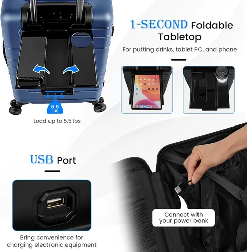 Vista 3 de Goplus Equipaje de mano, maleta rígida de policarbonato de 20 pulgadas con bolsillo frontal, mesa plegable, puerto de carga USB, doble bloqueo TSA