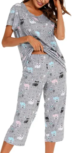 Vista 35 de ENJOYNIGHT Conjuntos de pijama de algodón para mujer, pijamas de verano con pantalones capri, ropa de dormir Gato negro