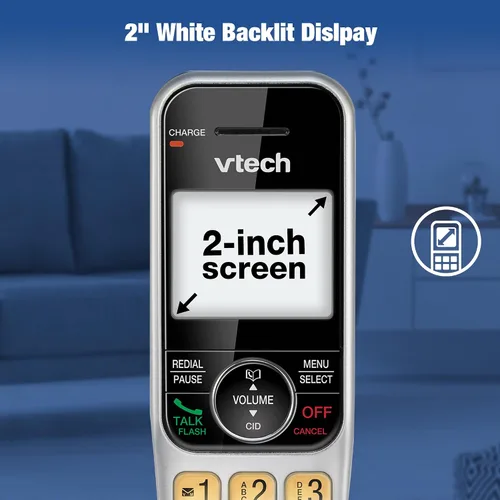 Vista 4 de Sistema de teléfono inalámbrico VTech para el hogar con bloqueo de llamadas, pantalla grande y botones, pantalla retroiluminada, altavoz