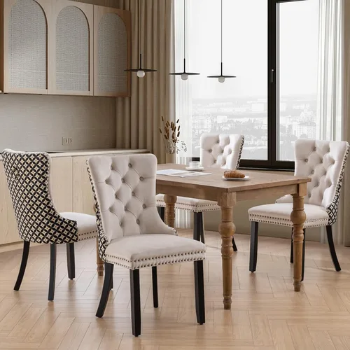 Vista 165 de SoarFlash Juego de 2 sillas de comedor de terciopelo, silla lateral de respaldo alto, silla lateral moderna tapizada de alta gama con botones Beige
