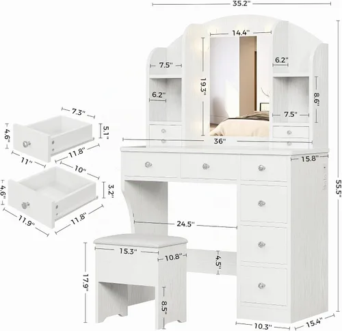 Vista 2 de IRONCK Escritorio de tocador con espejo y luces, mesa de tocador de maquillaje con 10 cajones, organizador de joyas, toma de corriente, taburete