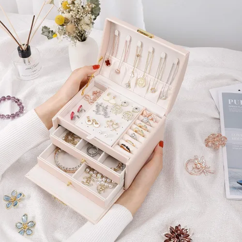 Vista 4 de DEZZIE Joyero para mujer piel sintética para personas mayores caja de almacenamiento de joyas de tamaño mediano de 3 capas con cerradura Estuche