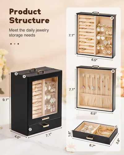 Vista 3 de Homde Organizador de joyas para niñas y mujeres, joyero para collares, anillos, aretes, regalo y pulseras (negro + dorado)