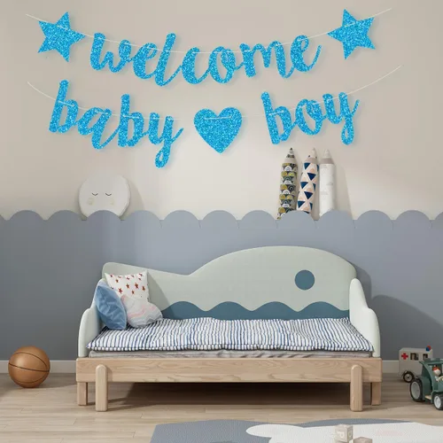 Vista 3 de Decoraciones de baby shower para niños, pancarta de bienvenida con purpurina, banderines colgantes para fiesta de cumpleaños de recién nacidos, Azul