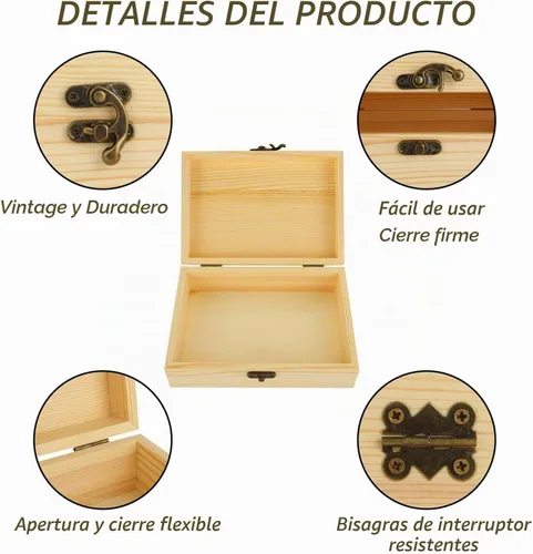 Vista 5 de Acrux7 Paquete de 4 cajas de madera sin terminar, caja de madera sin pintar de 7.2 pulgadas con tapa con bisagras, pequeñas cajas de almacenamiento
