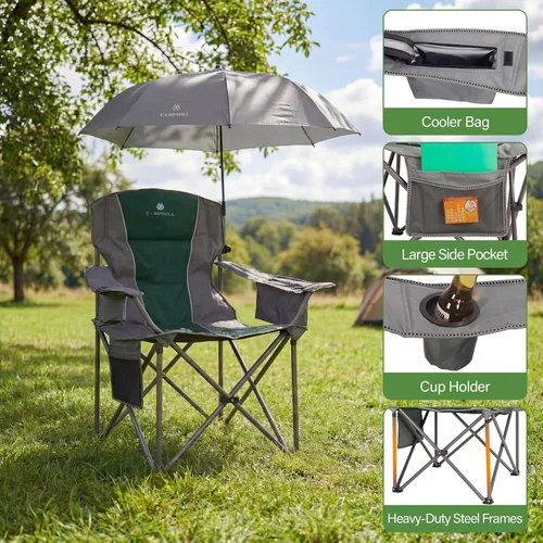 Vista 4 de Paquete de 2 sillas de campamento de gran tamaño con paraguas ajustable, silla de césped acolchada plegable con respaldo y reposabrazos cómodos