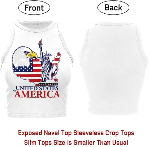 Vista 8 de Camiseta corta con bandera estadounidense para mujer, patriótica de Estados Unidos, para el 4 de julio, sexy, expuesta, suave, para verano, sin