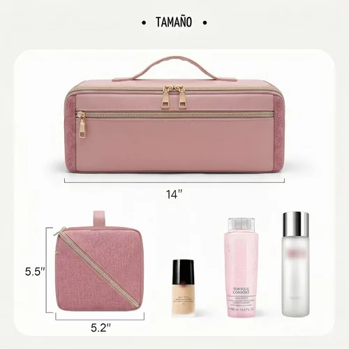 Vista 4 de BAGCRAZY Bolsa de viaje para herramientas para el cabello con alfombrilla resistente al calor, funda organizadora de herramientas para cabello Rosa