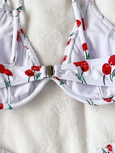 Vista 3 de SHENHE Traje de baño de dos piezas con estampado de cereza y corte alto y triángulo para mujer