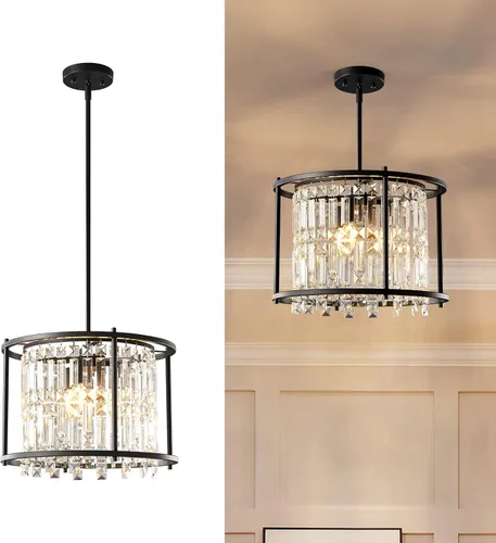 Vista 11 de LMQNINE Modernas lámparas colgantes negras para isla de cocina, lámpara de araña de cristal, iluminación colgante ajustable de granja para comedor