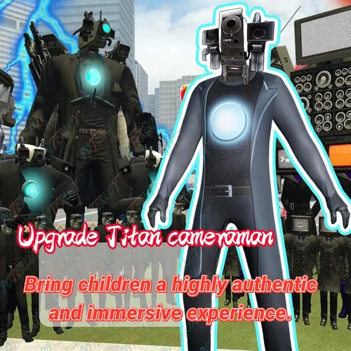 Vista 2 de Poterloy Skibidi - Disfraz de inodoro para niño de TV, camarógrafo, cosplay, disfraz de videojuegos, overol para Halloween con máscara de 5 a 12 años