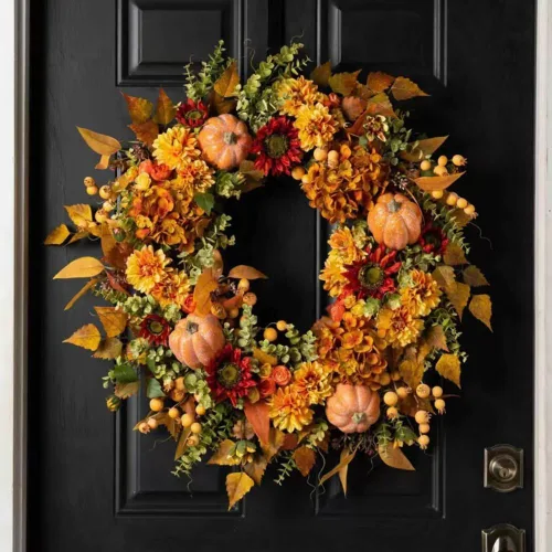 Vista 5 de Ochine Corona artificial de otoño para puerta delantera, decoración de otoño, corona de cosecha de otoño, corona de cosecha de otoño, hoja de arce B