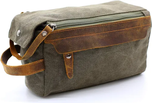 Vista 4 de Flow.month Neceser personalizado para hombres y mujeres – Kit de afeitado de viaje, kit de Dopp en cuero de caballo loco o lona, ideal para regalos