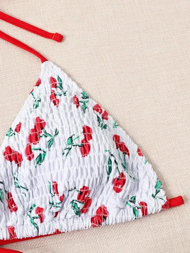 Vista 3 de WDIRARA Conjunto de bikini halter con lazo lateral para mujer, traje de baño de dos piezas con cuello en V y lazo en la espalda