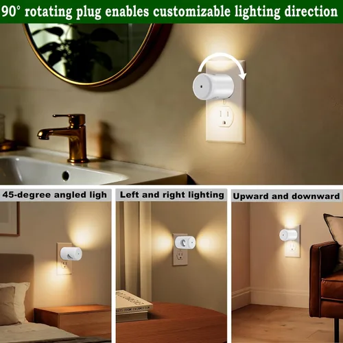 Vista 4 de Paquete de 4 luces nocturnas con sensor de movimiento, luz nocturna LED de pared enchufable con sensor de atardecer a amanecer, encendido/apagado