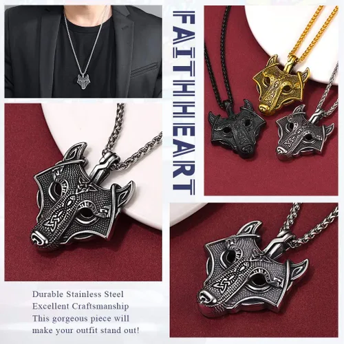 Vista 4 de FaithHeart Collar con colgante de lobo vikingo nórdico para hombres y mujeres, acero inoxidable, chapado en oro de 18 quilates, joyería con embalaje