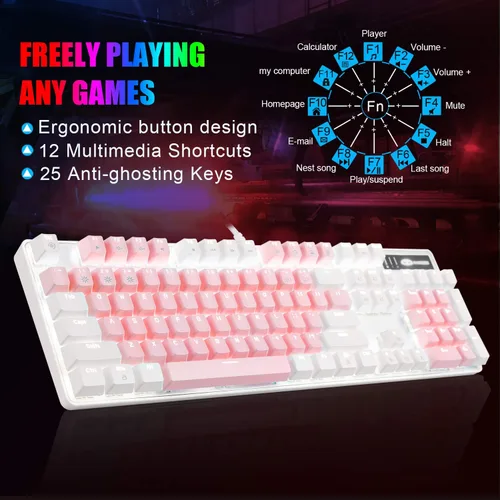 Vista 4 de MageGee Teclado mecánico para juegos, interruptor azul mejorado de 104 teclas, teclado retroiluminado blanco, teclado mecánico con cable USB